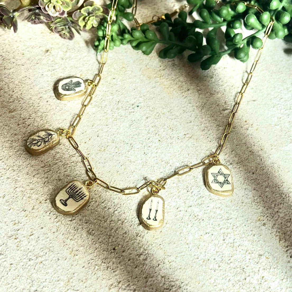 Gold Jewish Symbols Charm Necklace