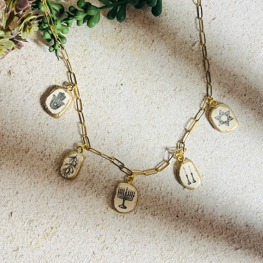 Gold Jewish Symbols Charm Necklace