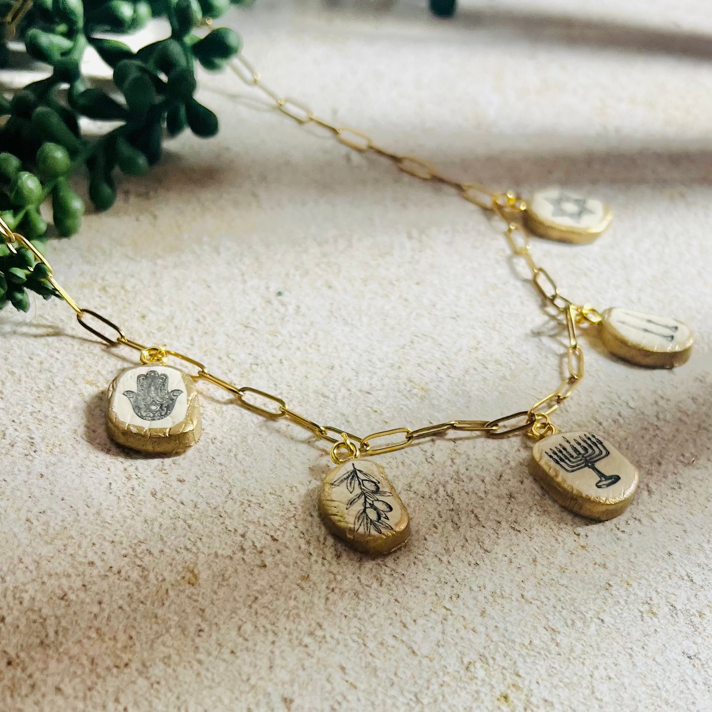 Gold Jewish Symbols Charm Necklace