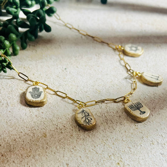 Gold Jewish Symbols Charm Necklace