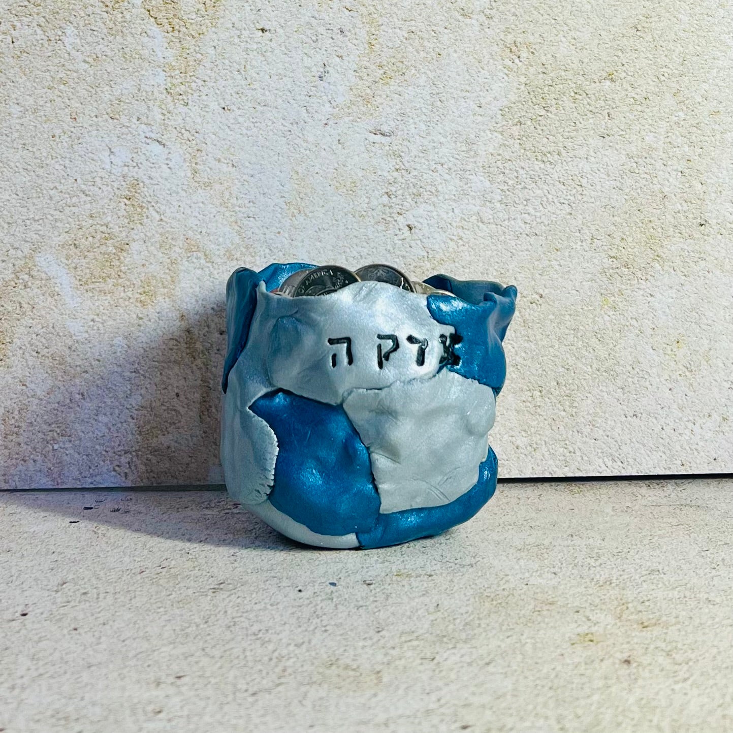 Blue and Silver Pearl Tzedakah Pot