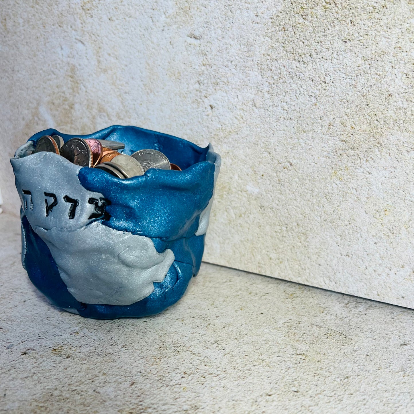 Blue and Silver Pearl Tzedakah Pot