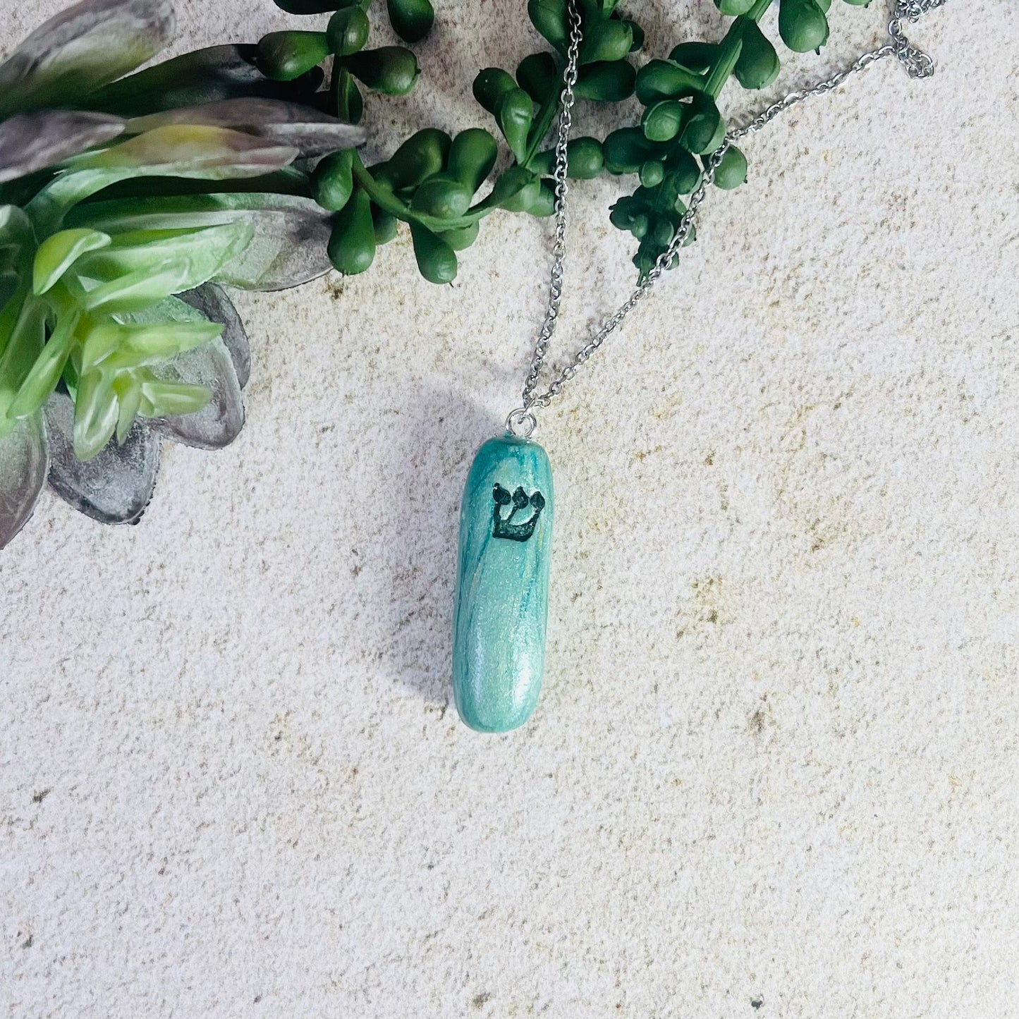 Blue Marbled Mezuzah Pendant Necklace