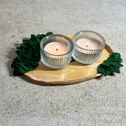 Leaf Shabbat Candle Holder Tray Set